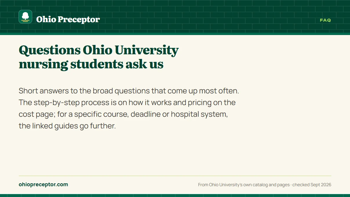 Questions Ohio University nursing students ask us. Short answers to the broad questions that come up most often. The step-by-step process is on how it works and pricing on the cost page; for a specific course, d