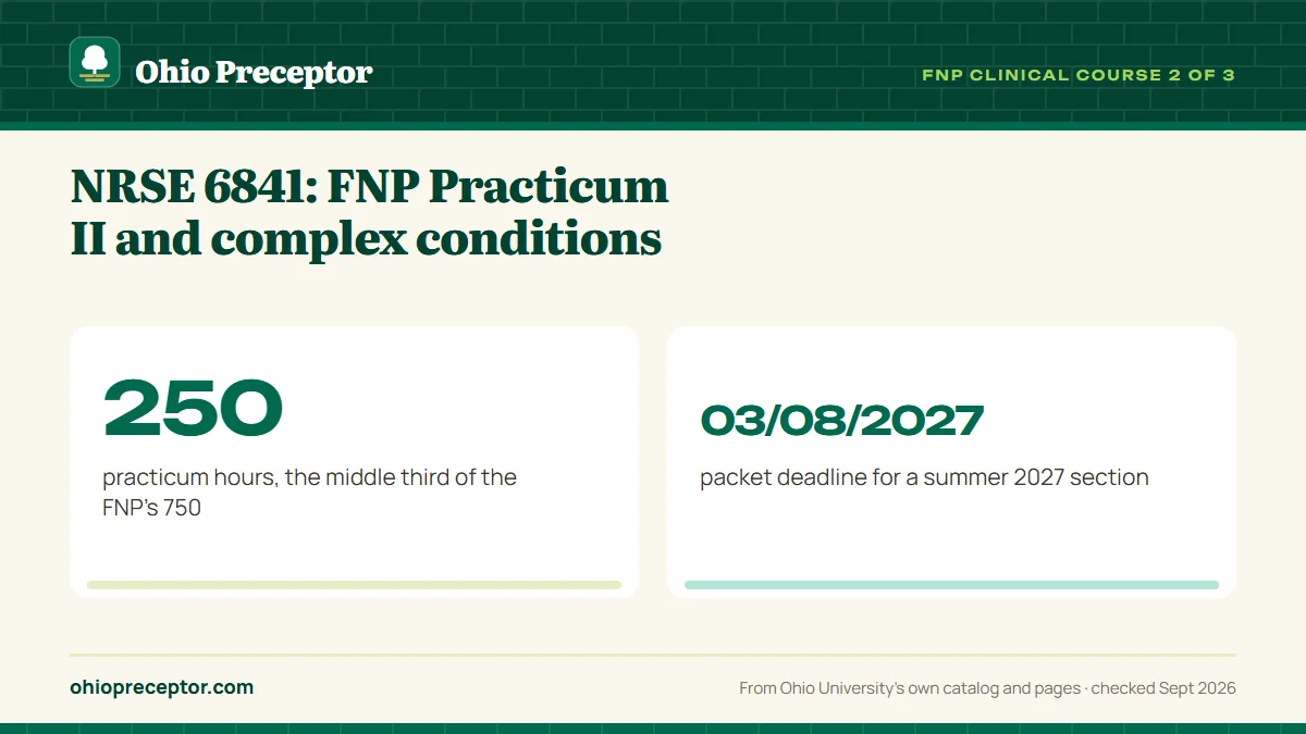 NRSE 6841: FNP Practicum II and complex conditions. 250: practicum hours, the middle third of the FNP's 750; 03/08/2027: packet deadline for a summer 2027 section.