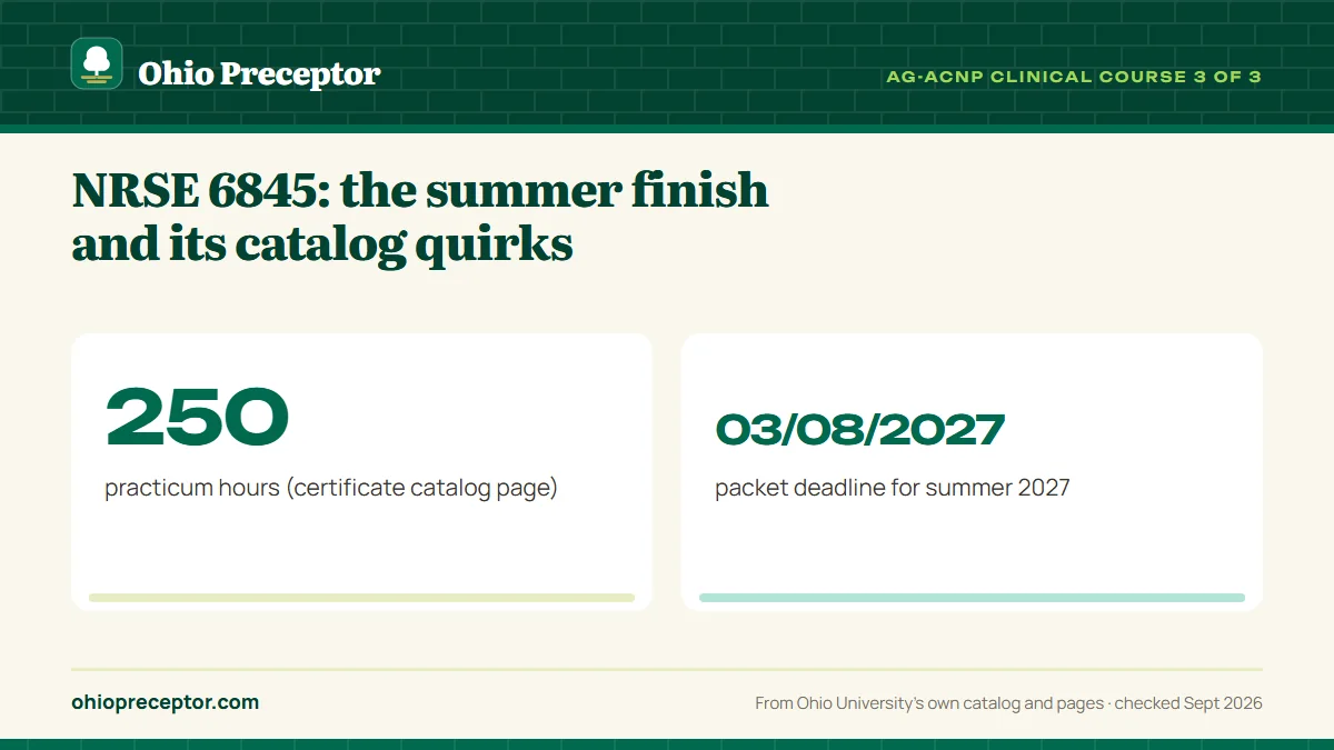 NRSE 6845: the summer finish and its catalog quirks. 250: practicum hours (certificate catalog page); 03/08/2027: packet deadline for summer 2027.